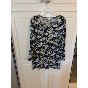 Pure Jill J. Jill Navy Blue Floral V-Neck Long Sleeve Tunic Top Womens Large